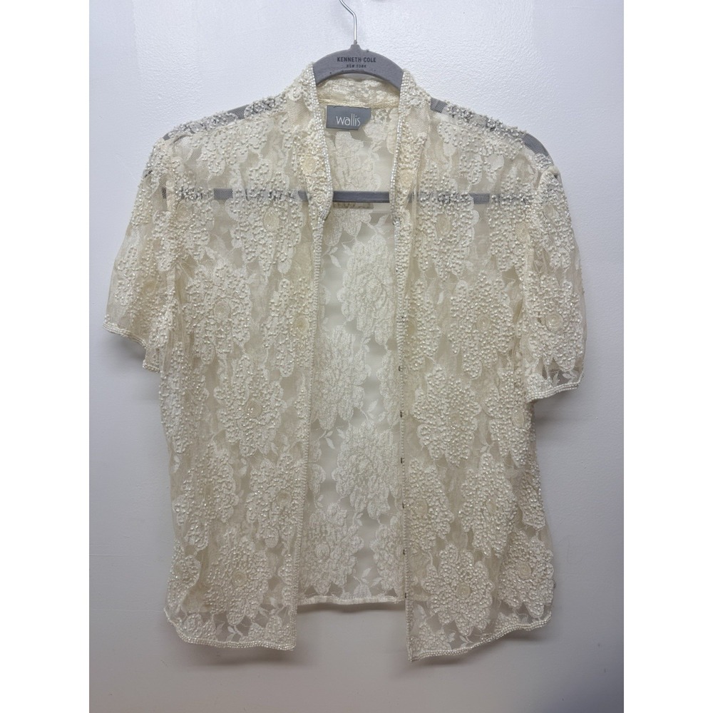 Wallis Vintage 90s Y2K Ivory Beaded Lace Jacket Sequin Bridal Evening Top #58